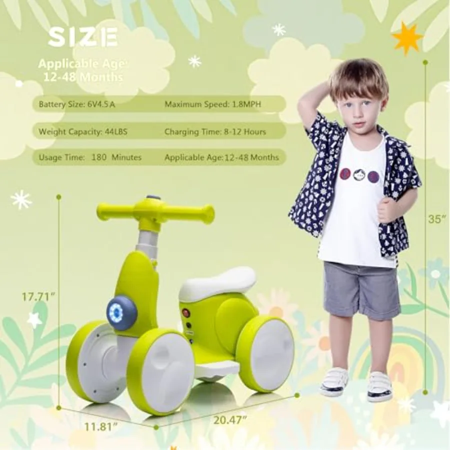 6 V elektrisches Baby-Laufrad für 1 Jahr alte Jungen und Mädchen, Fahrt auf Spielzeug, 12–48 Monate, Kleinkind-Laufrad, 4 Räder, erstes Fahrrad mit