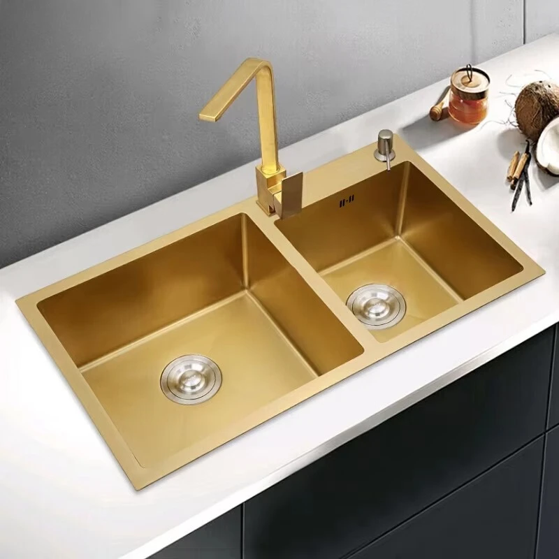 

Handmade Modern Double Bowl Kitchen Sink Stainless Steel Multifunctional Square Design Faucet-Free Feature
