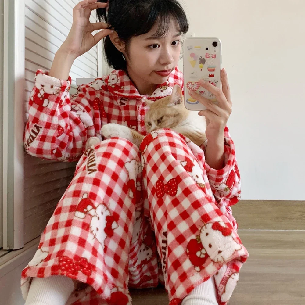 Hello Kitty Women Cardigan Plush Pajamas Suit Sanrioed Anime Kawaii Winter Coral Fleece Homewear Warm Cute Nightwear Tops Pants