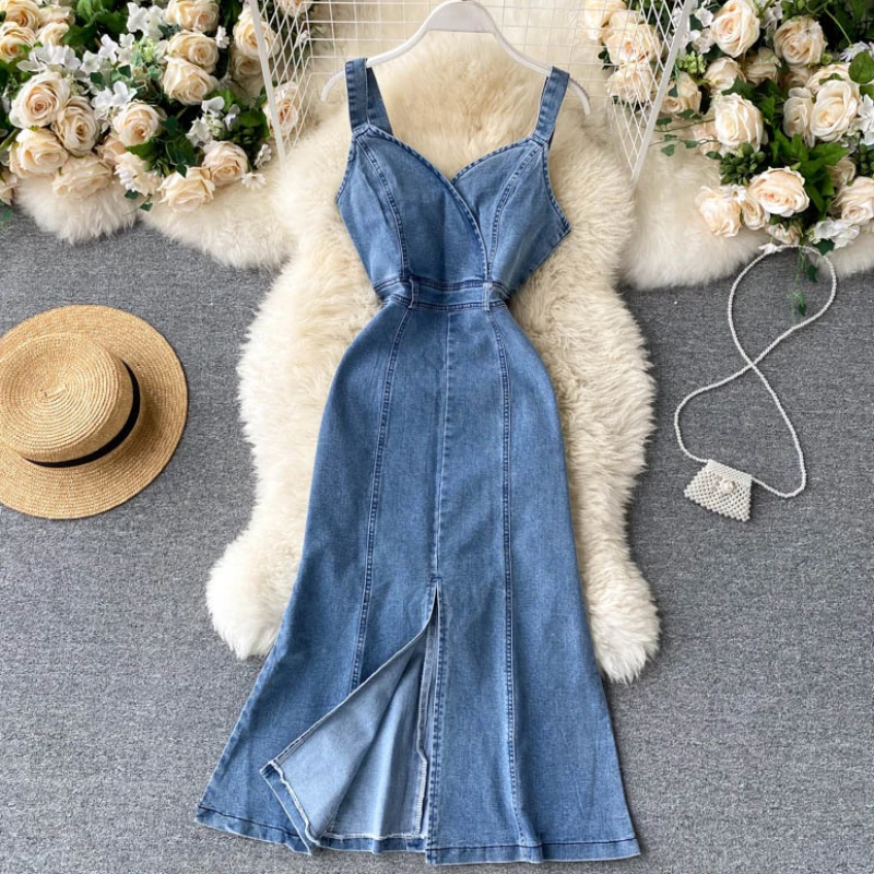 

Dress Denim Women Dresses Sexy Sling Sleeveless Slim Party A Line Blue High Waist Long Vestidos V Neck Summer Elegant Splice