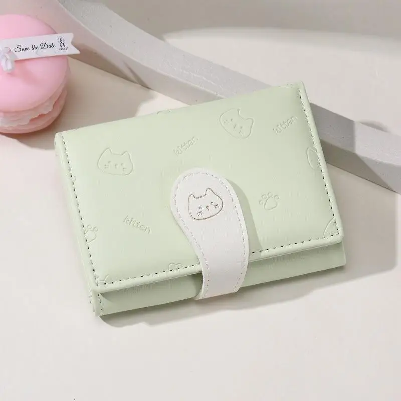 

Cute Cat Print PU Leather Wallet Short Fashion Coin Purse Card Holder Buckle Clasp Money Bag Stylish Compact Coin Pouch