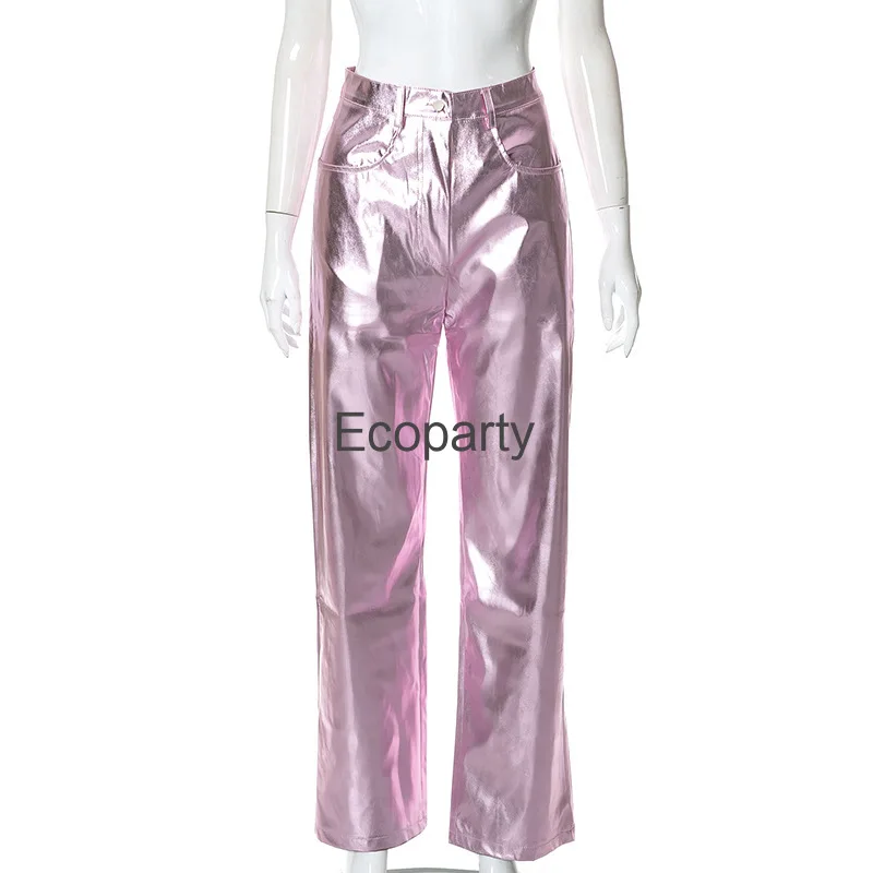 Neue Frauen Vintage Silber Pu Lederhose Mode hohe Taille Süßigkeiten Farbe Y2k gerade Hose weibliche lässige glänzende Hose