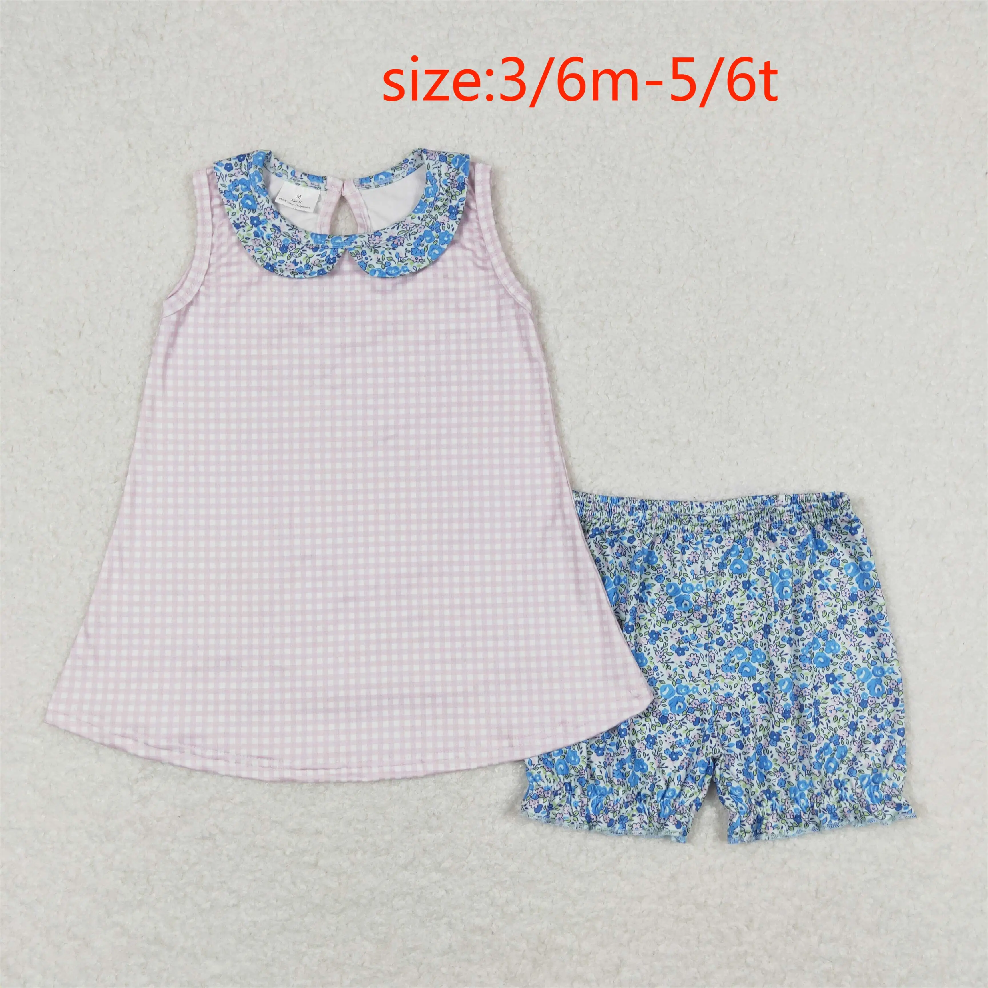 

GSSO0670 Wholesale toddler girls clothes Floral pink and white plaid shorts sets Summer Boutique baby clothes for girls sets