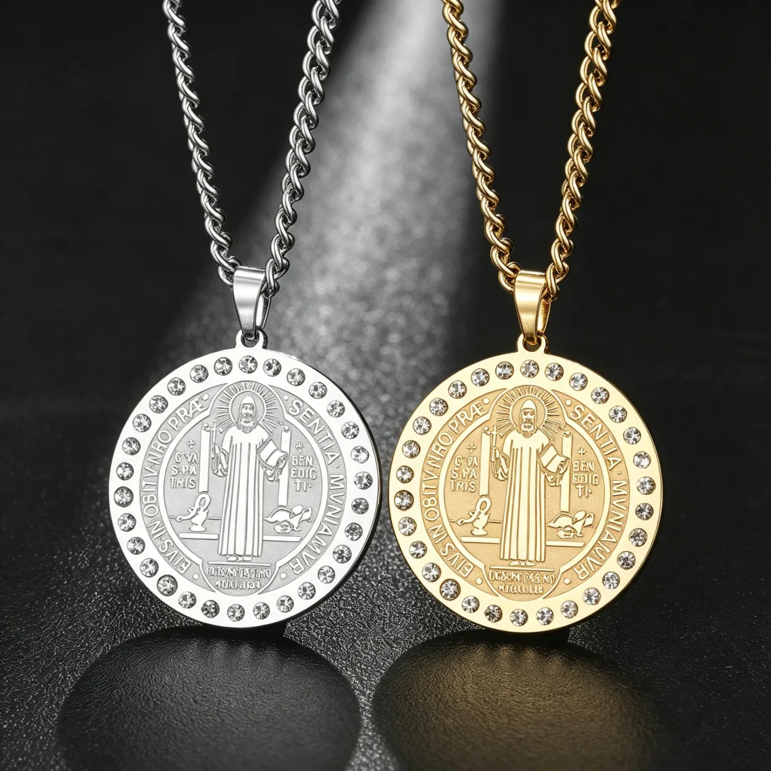 Catholic Saint Benedict Pendant Necklace Engraved Double Sided Medal Zircon Decor Stainless Steel Religious Amulet Necklace