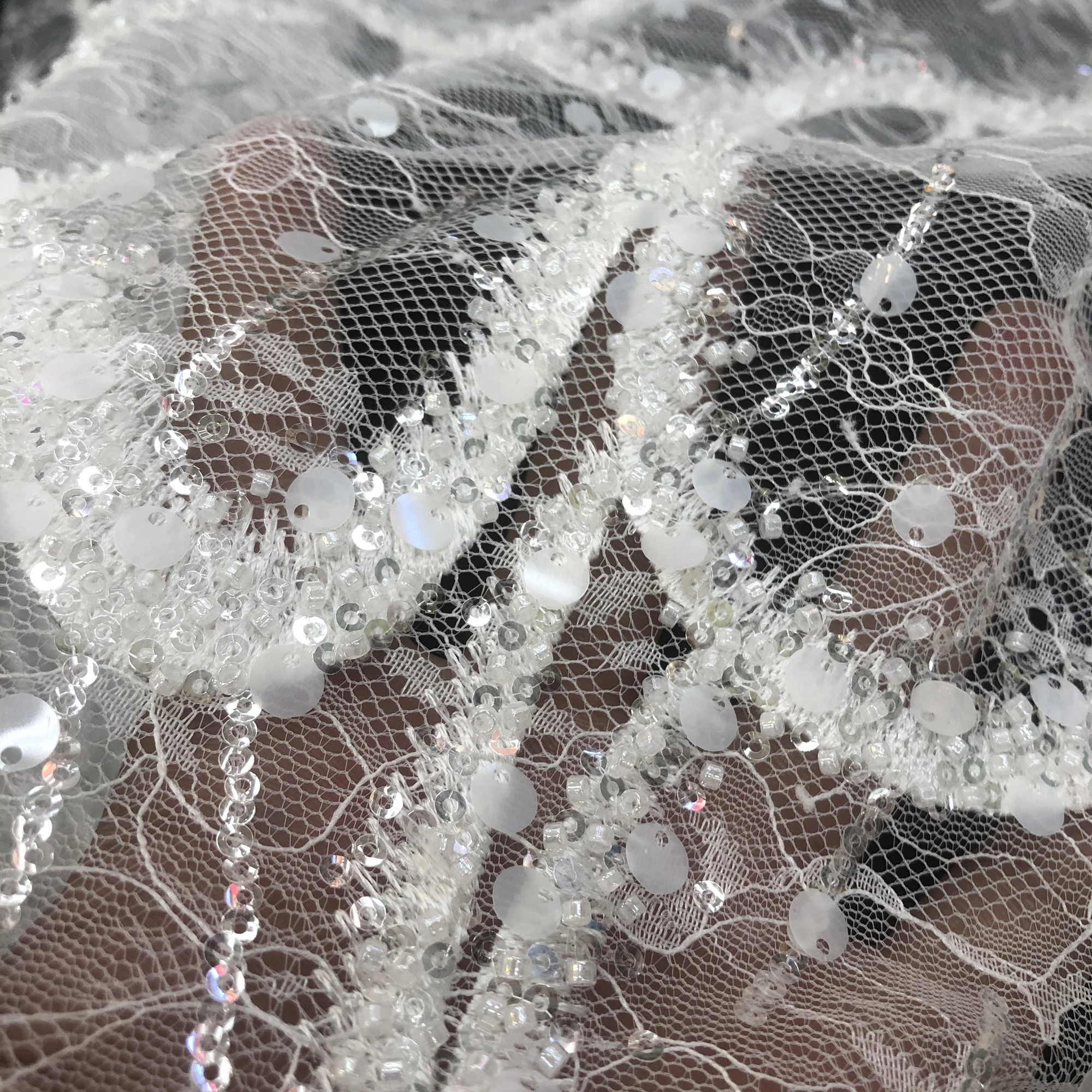 Delicate Wave Pattern Rayon Sequins Beads French Lace Embroidery, Custom Wedding Evening Dress Lace Fabric