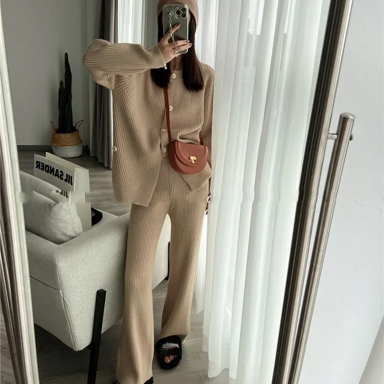 

Fashionable Knitted Sweater High Waist Wide Leg Pants Women's Spring Autumn Two Piece Set Casual Stylish Small Size Ensemble