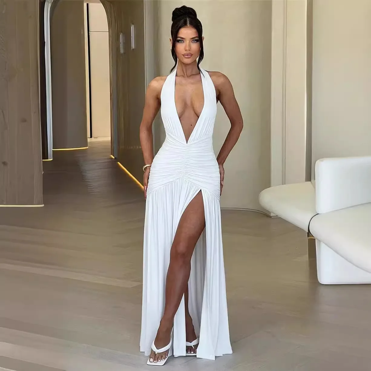 

Summer 2025 Women's V-Neck Backless Shoulderless Sexy Slim Dress