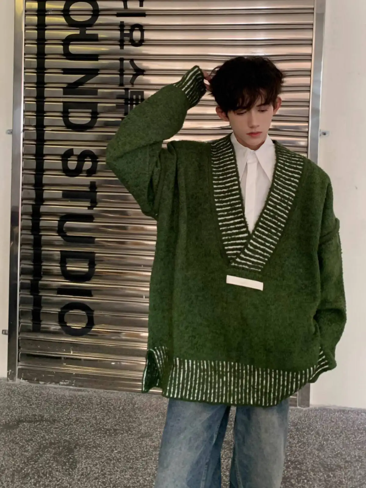 Men's Apricot V Neck Sweater Vintage Lazy Style Low Cut Outerwear Premium Couple Knitwear