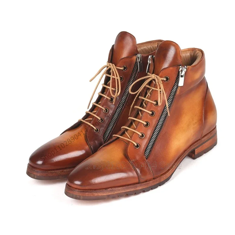 Brown Gradient Color Zipper Decor Square Toe Boots Fashion Lace up Men Shoes Luxury Handmade Party Feast Banquet Men Dress Shoes