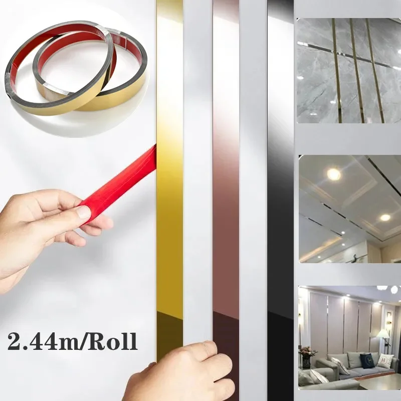 244cm Self-adhesive Stainless Steel Flat Decorative Lines DIY Mirror Wall Sticker Background Wall Ceiling Edge Strip home decor