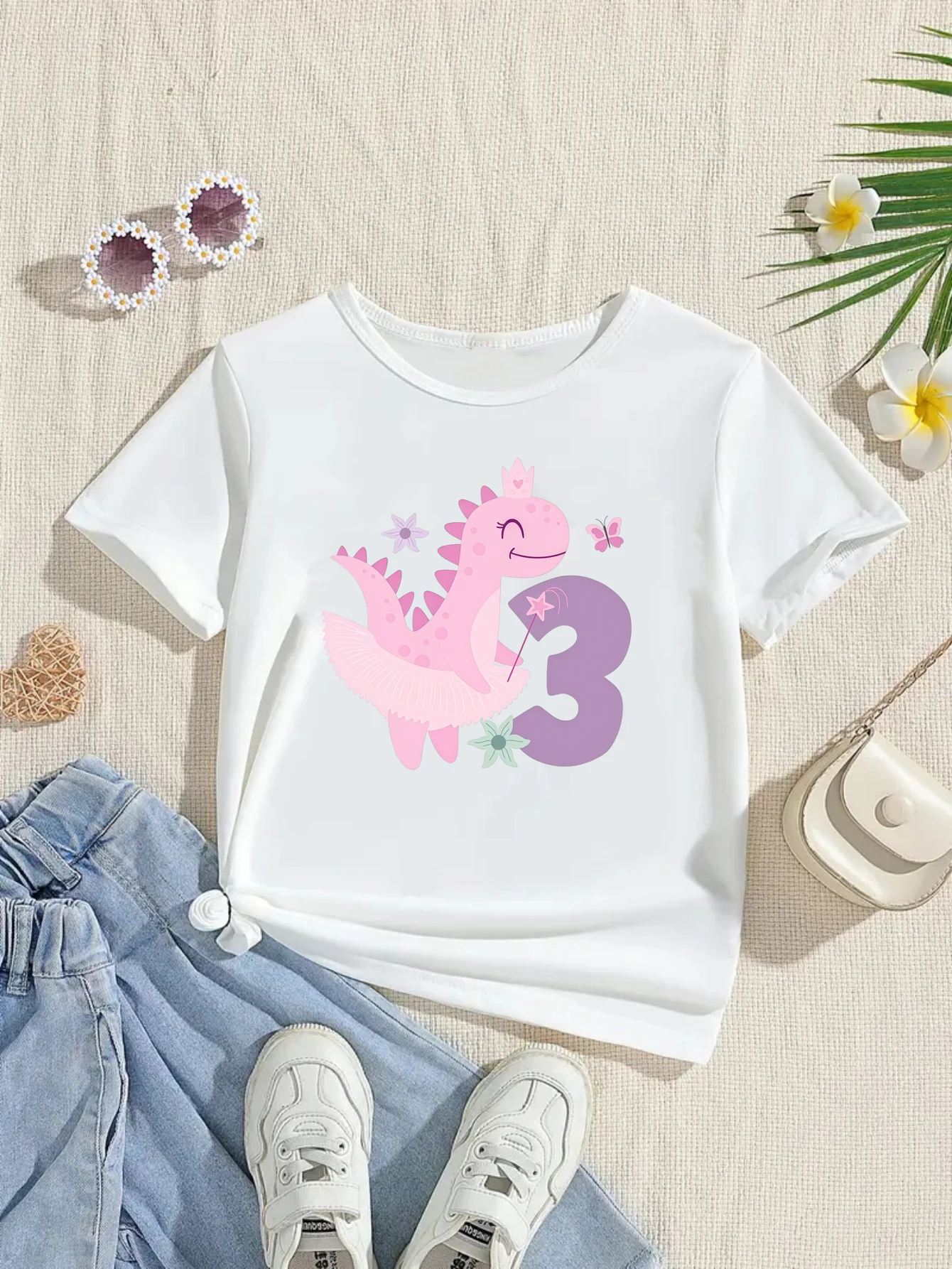 Custom Name 3rd Birthday Dinosaur Butterfly Printed T Shirt Girls The Best Birthday Gift T-Shirt Kawaii Kids Clothes