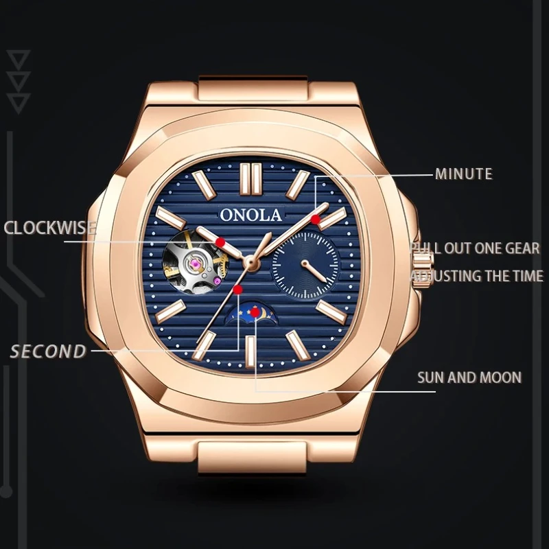 ONOLA Automatic Movement Mechanical Watches for Men Business Hollow Moon Phase Waterproof Mens Watch Holiday Gifts Reloj Hombre