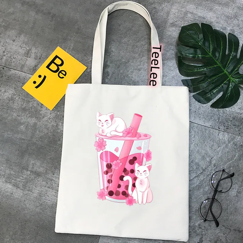 Unisex Shopper Cute cartoon Boba Tea Printed Tote Bag Women Harajuku Shopper Handbag Shoulder Shopping Bag kpop Canvas Bag