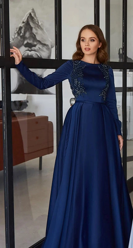 Navy Long Sleeve Muslim Evening Dresses Satin Beaded Arabic Dubai Hijab Prom Formal Party Gowns A Line Robe De Soiree