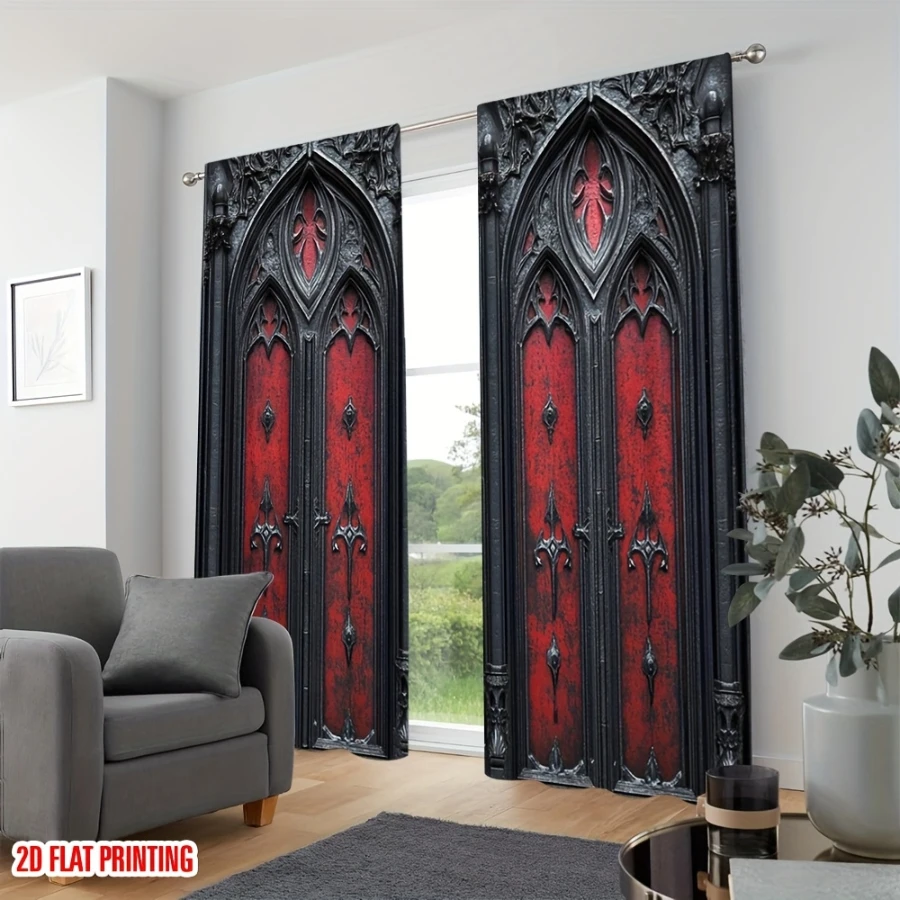 2PCS Digital Printed Curtains, Gothic Red Cathedral Door Carved Arch, Medieval Dark Church Window Decor for Gothic Home Room