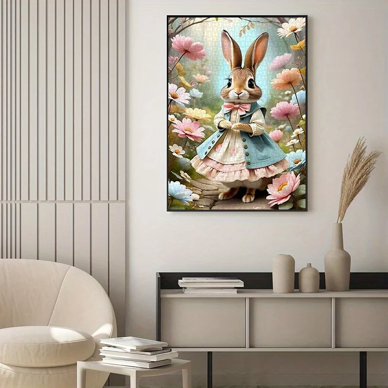 1000 قطعة من أحجية الورق، منشار قطع DIY مع أرنب لطيف في فستان منتفخ، خلفية زهرية، مادة بطاقة بيضاء عالية الجودة، مناسبة f