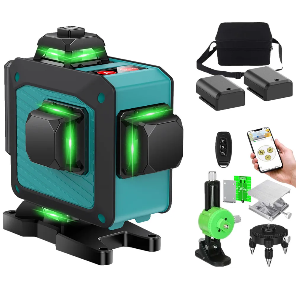 

16 Lines 4D Display Green Laser Level Self leveling 360 2pcs 3000mAh Li-ion Battery Nivel Laser Remote Control Cloth Bag