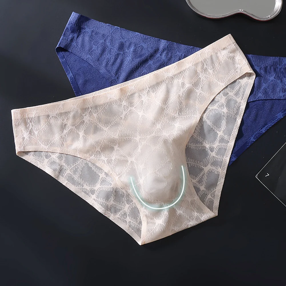 Men Sexy Lace Thin Ice Silk Briefs Underwear For Man Bulge Pouch Low Waist Very Hot Lingerie Solid Unisex Panties Men's Clothing