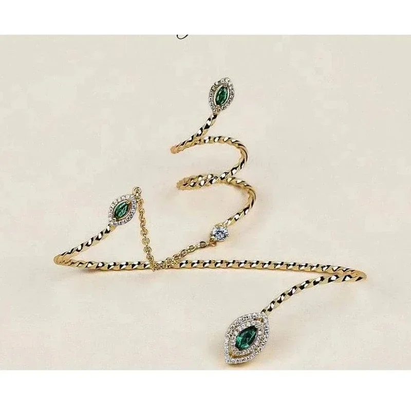 

Green CZ Zircon Plant Leaf Palm Bracelet Link Finger Ring One Piece Hand Palm Bangle Jewelry Handlets for Women Bridal Wedding