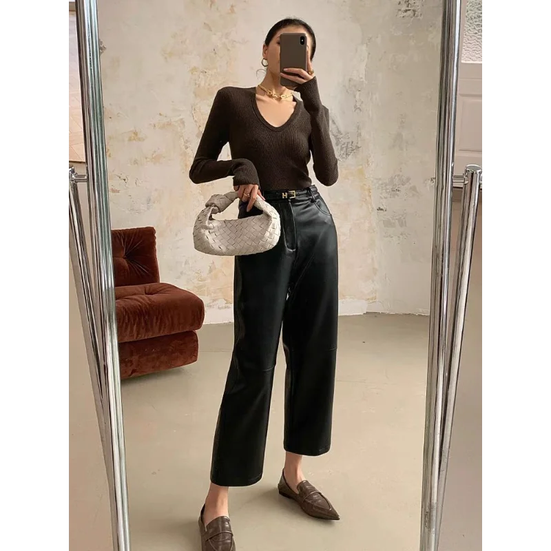 Pantalon en cuir PU noir pour femme, ample et droit, taille haute, décontracté, à neuf points, automne hiver