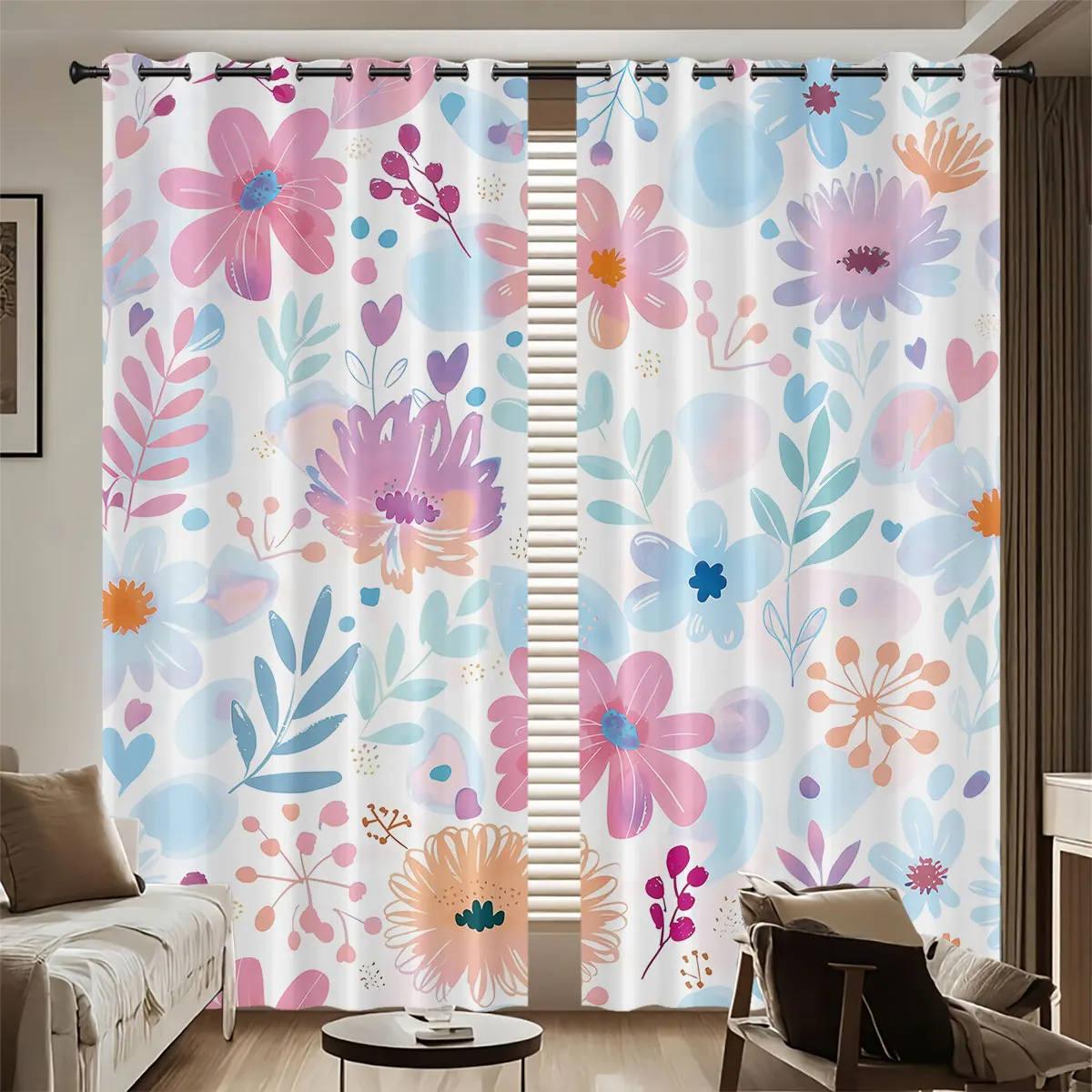 

2pcs Colorful Spring Flowers, Perforated Blackout Curtains, Multi Size Living Room Home Insulation Decoration Easy Installation