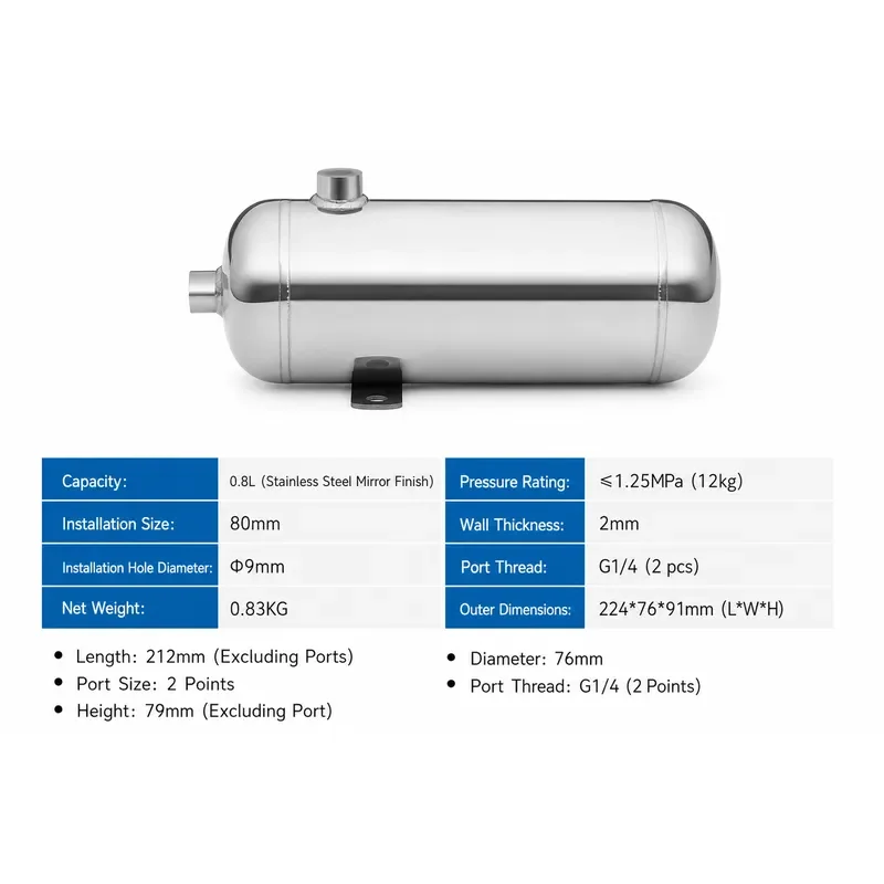 Stainless Steel Air Storage Tank, Mirror Finish & Horizontal Type, 0.1L-2L, G1/8 G1/4 Port Options for Pneumatic Air Buffer
