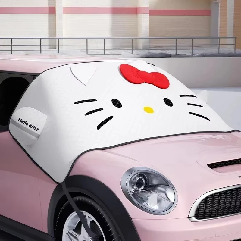 

Hellokitty Car Snow Sunshade Large Cover Cloth Cat Face White Pink Winter Cover Cloth Front Windshield Anti-frost Hood