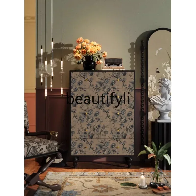 2003French retro style solid wood chest of drawers storage cabinet living room decorative entrance cabinet