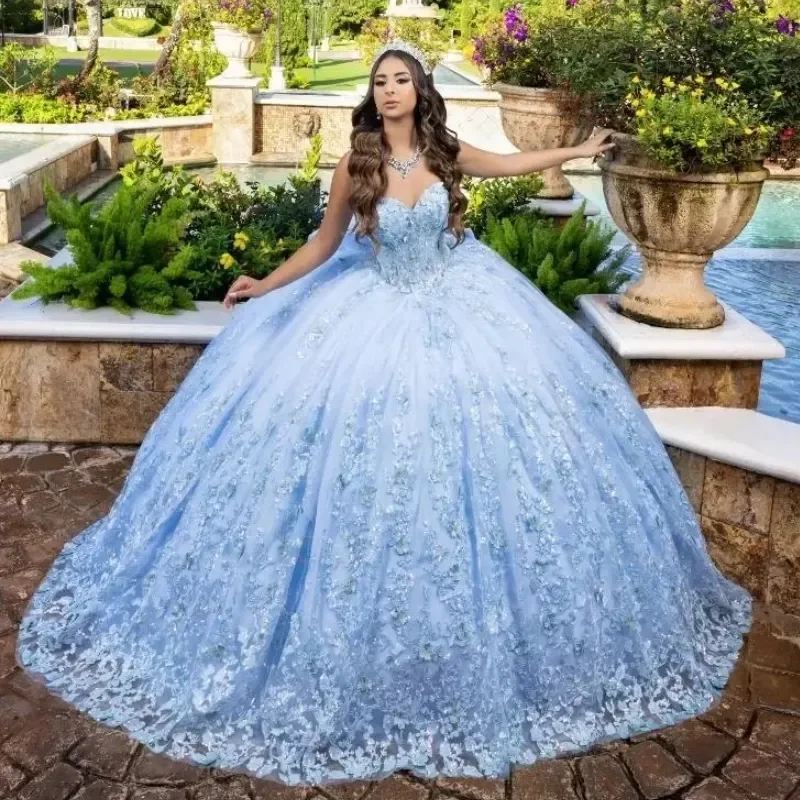 ANGELSBRIDEP Sky Blue Mexican Quinceanera Dress Sequin Lace Applique Beads Tull Corset Sweet 16 Vestido 15 De Anos Customized