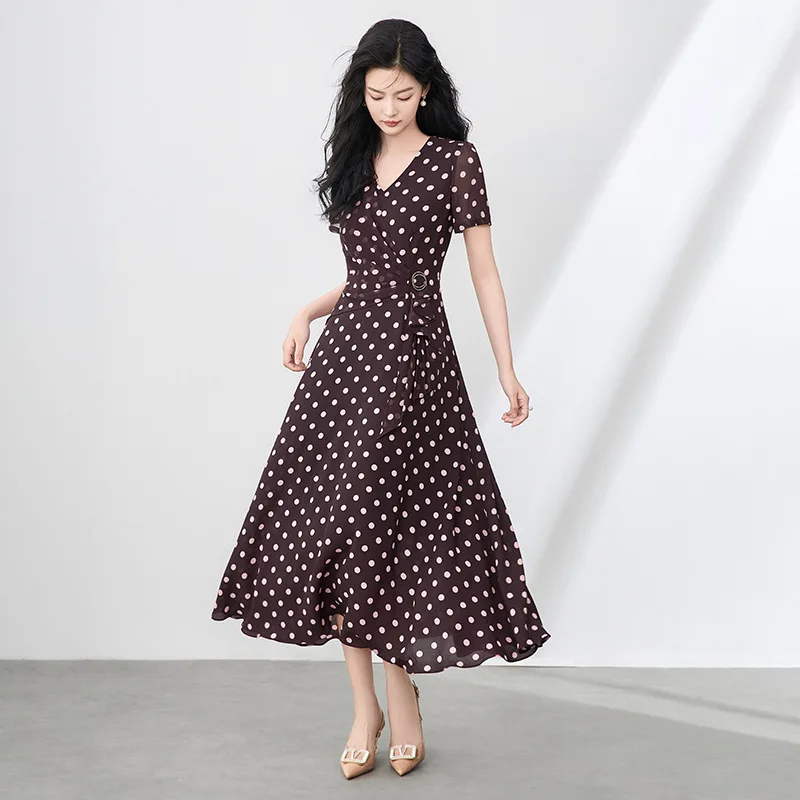 

2506101 -French Style Design Polka Dress Summer New South Oil TemperamentVWaist-Cinching Chiffon Long Dress