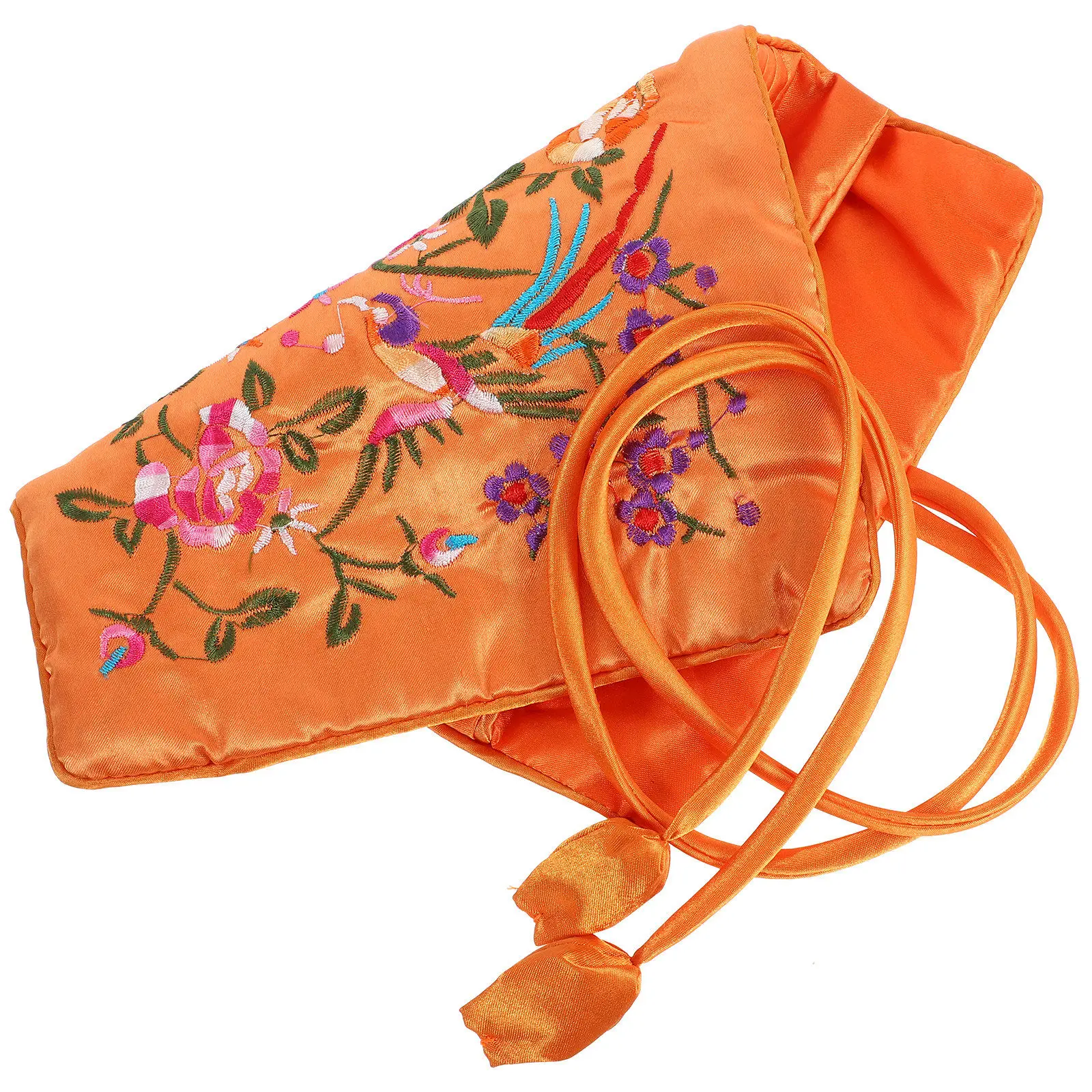 

Handmade Embroidered Jewelry Roll Bag Orange Elegant Silk Satin Floral Jewelry Storage Pouch Travel Organizer