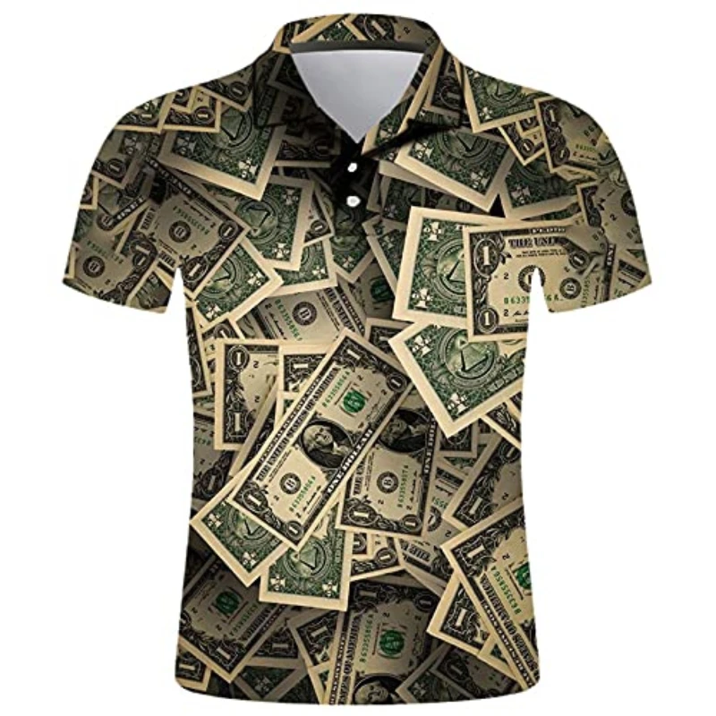 

USA Dollar Pattern Polo Shirt For Men 3D Print Trendy Short Sleeves T-shirt Funny Money Streetwear Summer Button Lapel Golf Polo