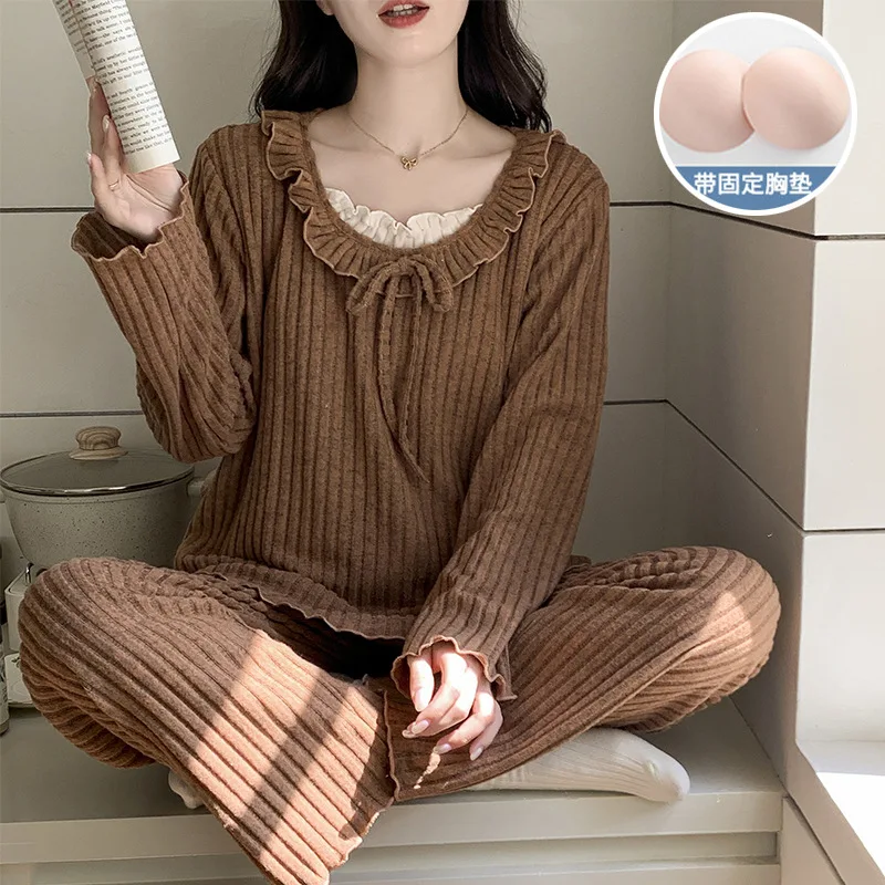 

M-2XL корейские женские кашемировые пижамные комплекты осень-зима нагрудник пуловер и брюки комплекты из 2 предметов одежда для сна термодомашняя одежда