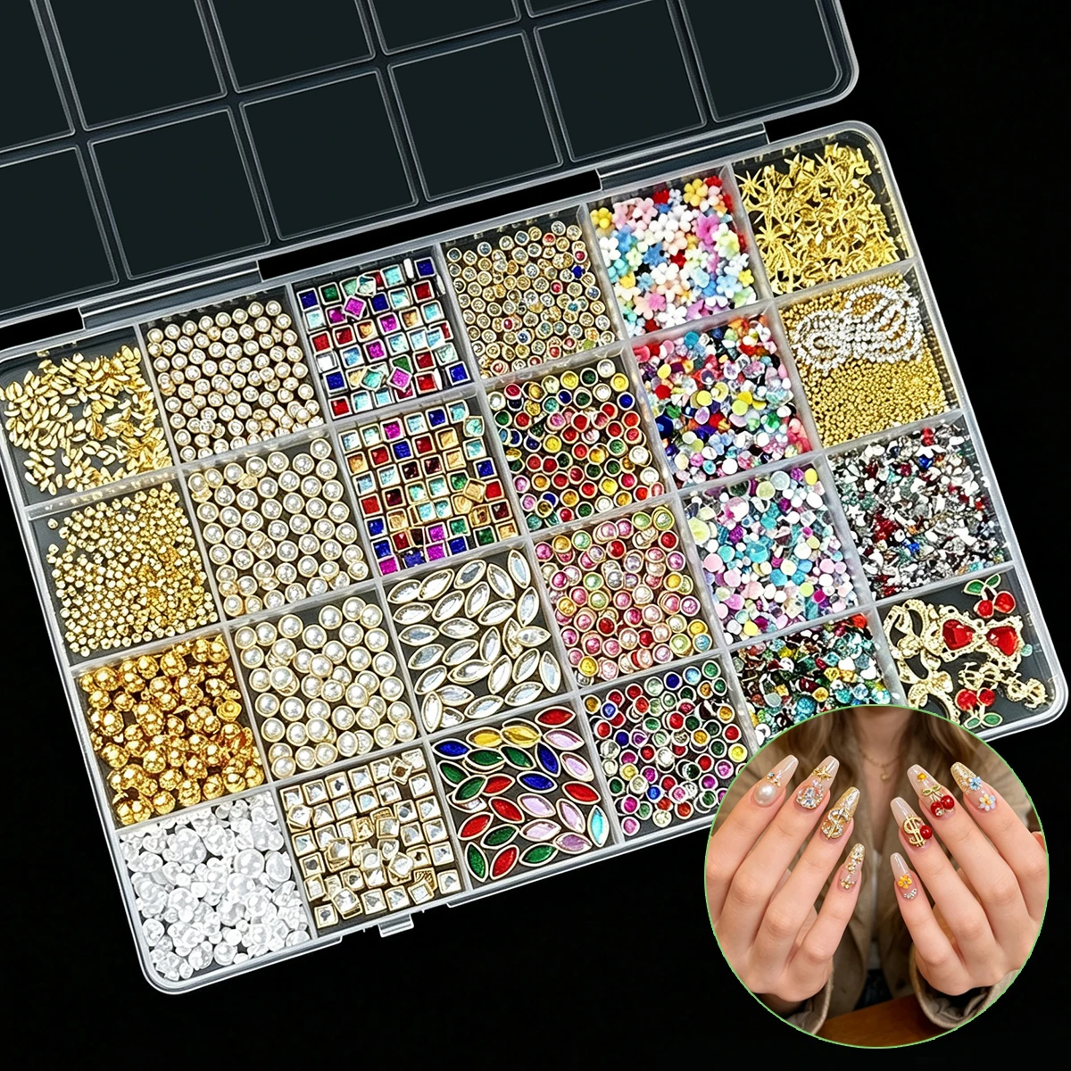 1Box 3D Exquisite Alloy Cherry Bow Heart Nail Art Accessories Mini Colorful Rhinestones Inlaid Nail Charms for DIY Nail Supplies