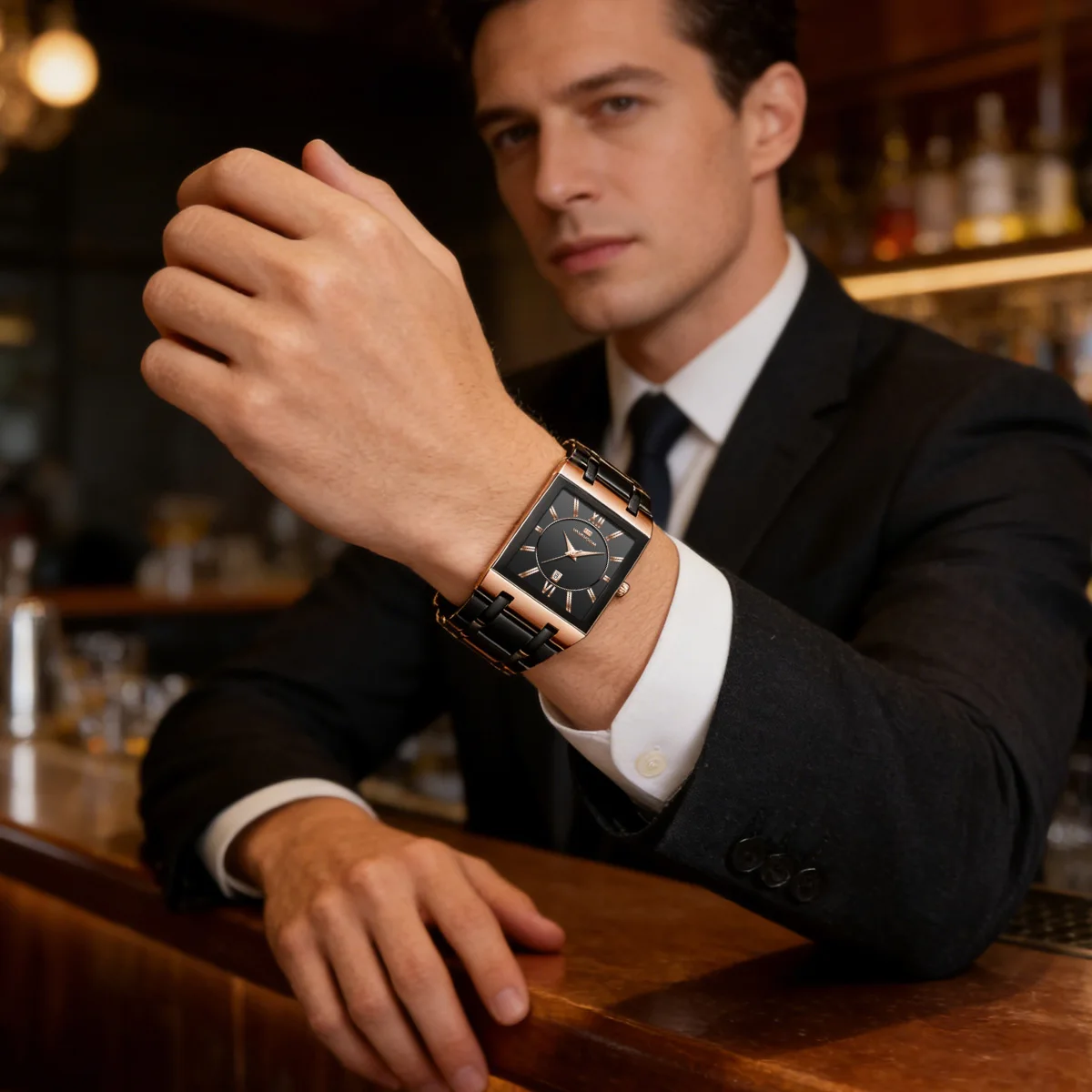 Square Men Watch 41mm Rose Gold Ring Stainless Steel Black Clock Quartz Movement Business Meeting Daily Waterproof Watch for Men - view 6
