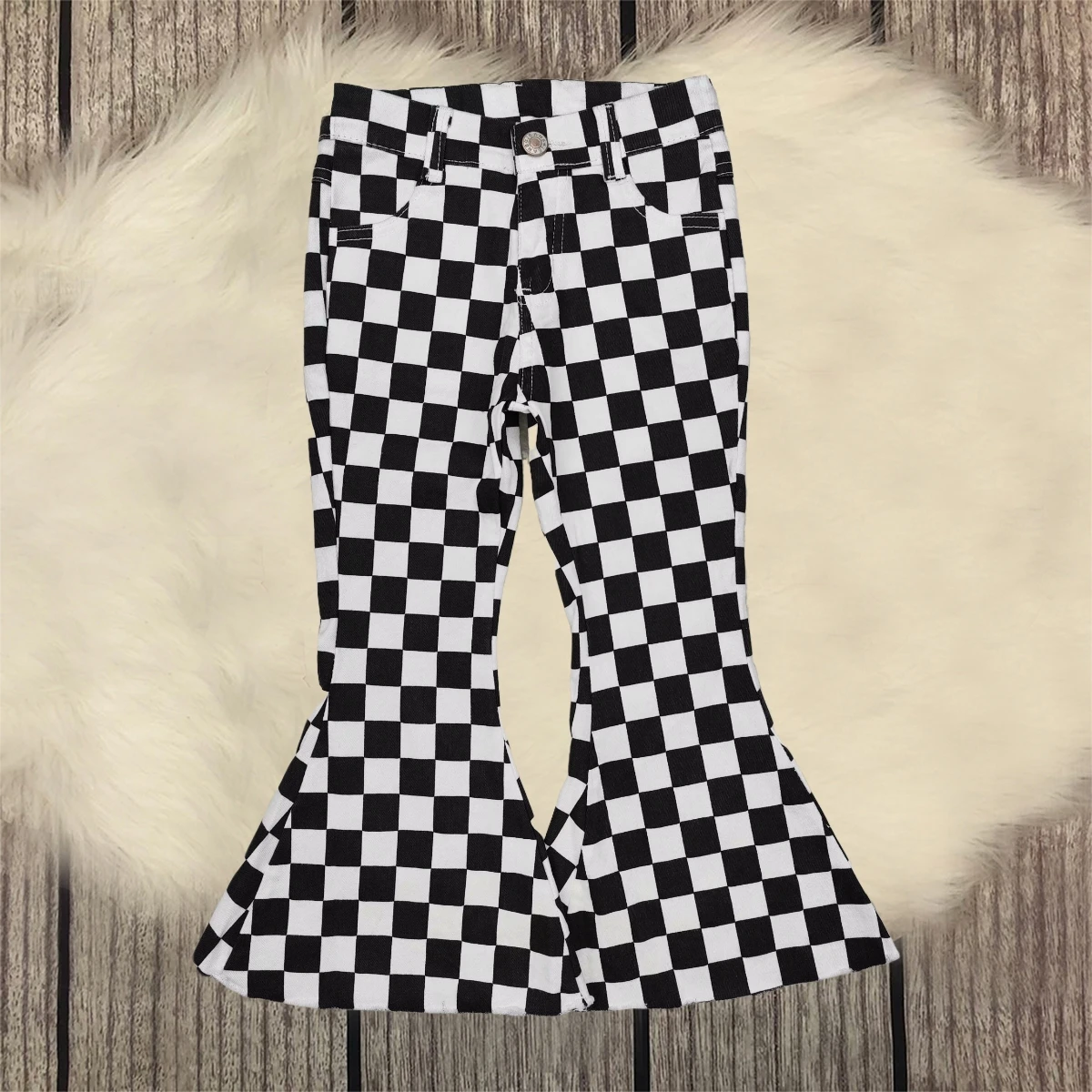 

Baby Girl Pocket Bell Bottom Pants Kids Clothing Infant Denim Jeans Toddler Black White Plaid Fashion Flares Trousers Children