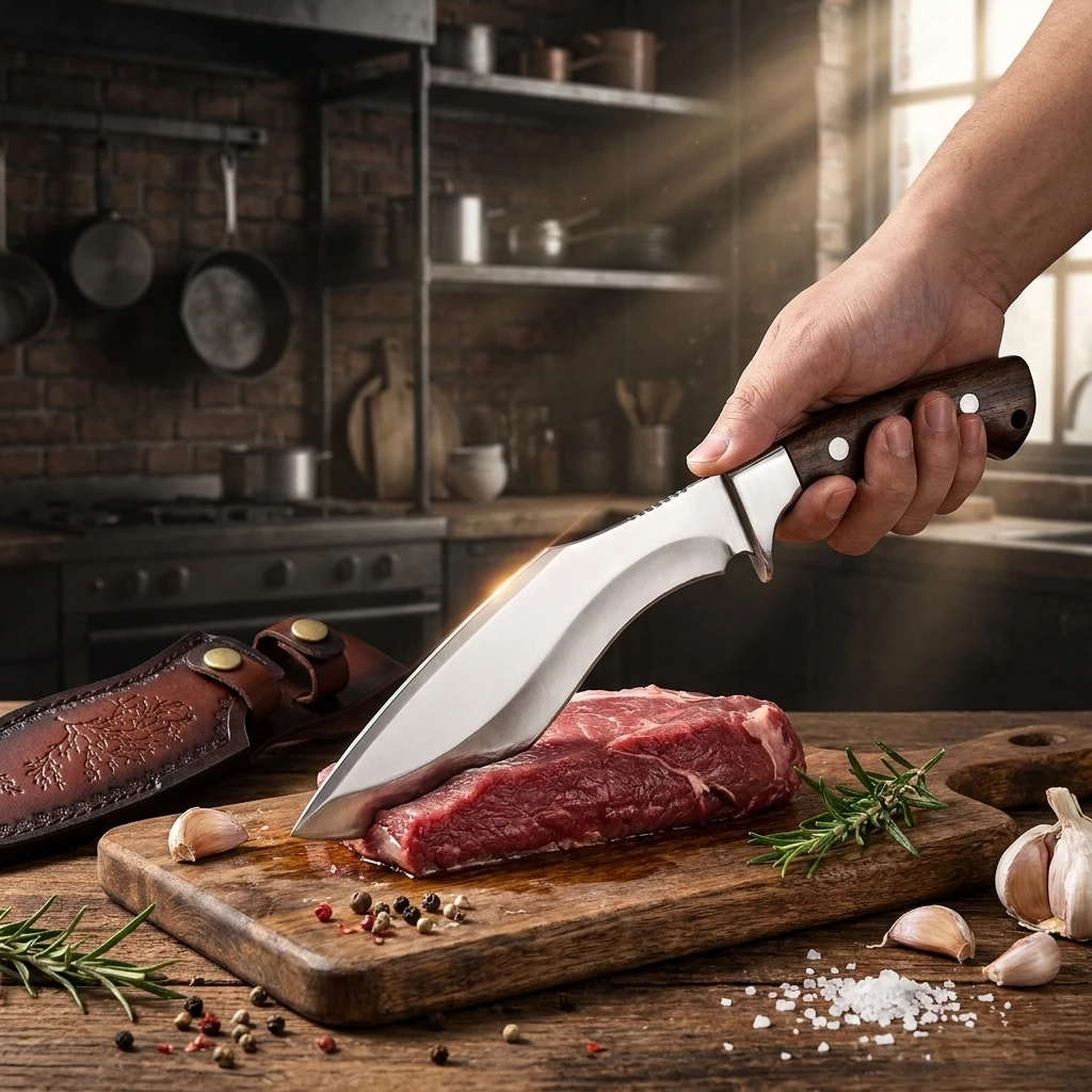 2026 model kitchen knife with fixed blade and leather sheath, high-strength stainless steel butcher knife with wooden handle view 2