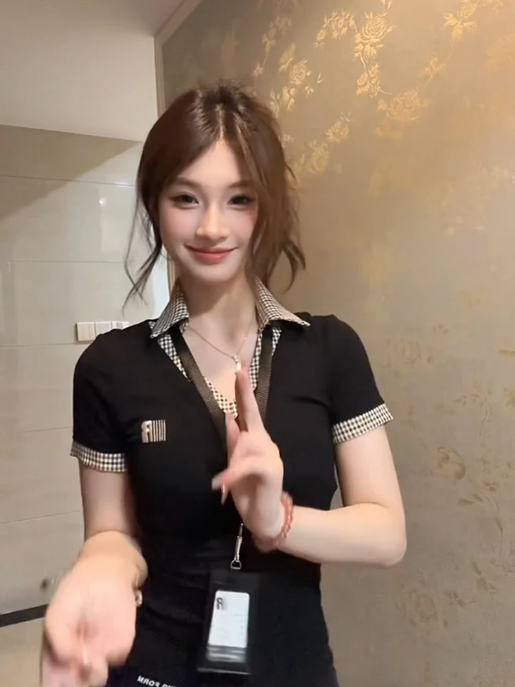 T-shirt ort-sved patchwork retrò americana V-ne T-shirt estiva da donna piccante slim fit in vita oulder irt Top