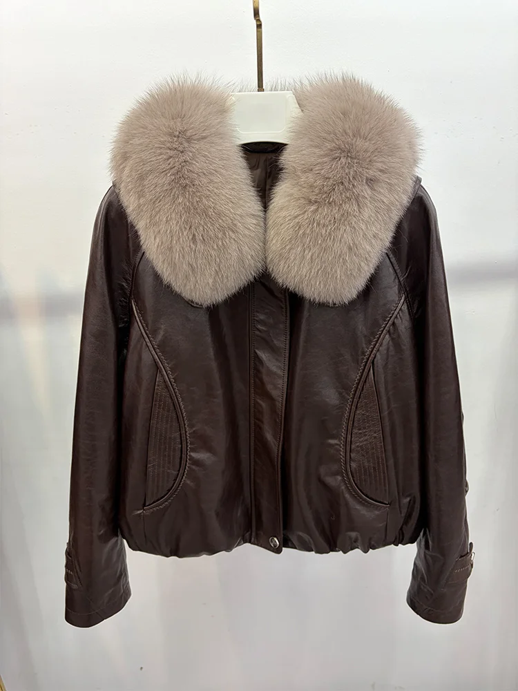 Women's Warm Real Fox Fur Collar Coat Goose Down Jacket Genuine Sheepskin Leather Jacket Luxury Puffer Jacket