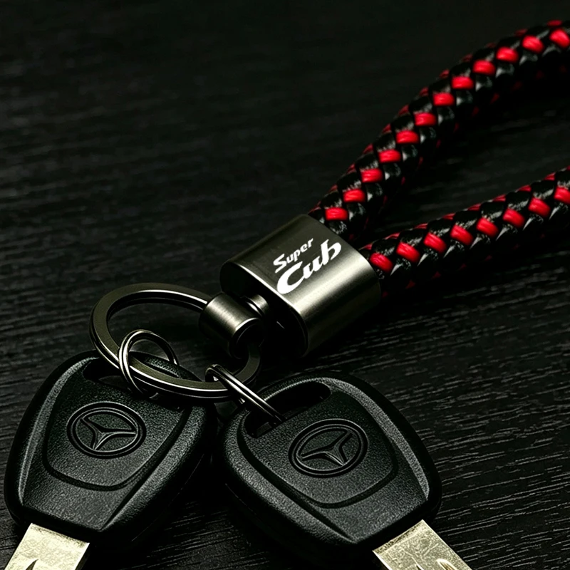 Motorcycle Braided rope Hand Woven Leather KeyChain Detachable Metal 360 Degree Rotating For Honda Super CUB C70 90 110 C125