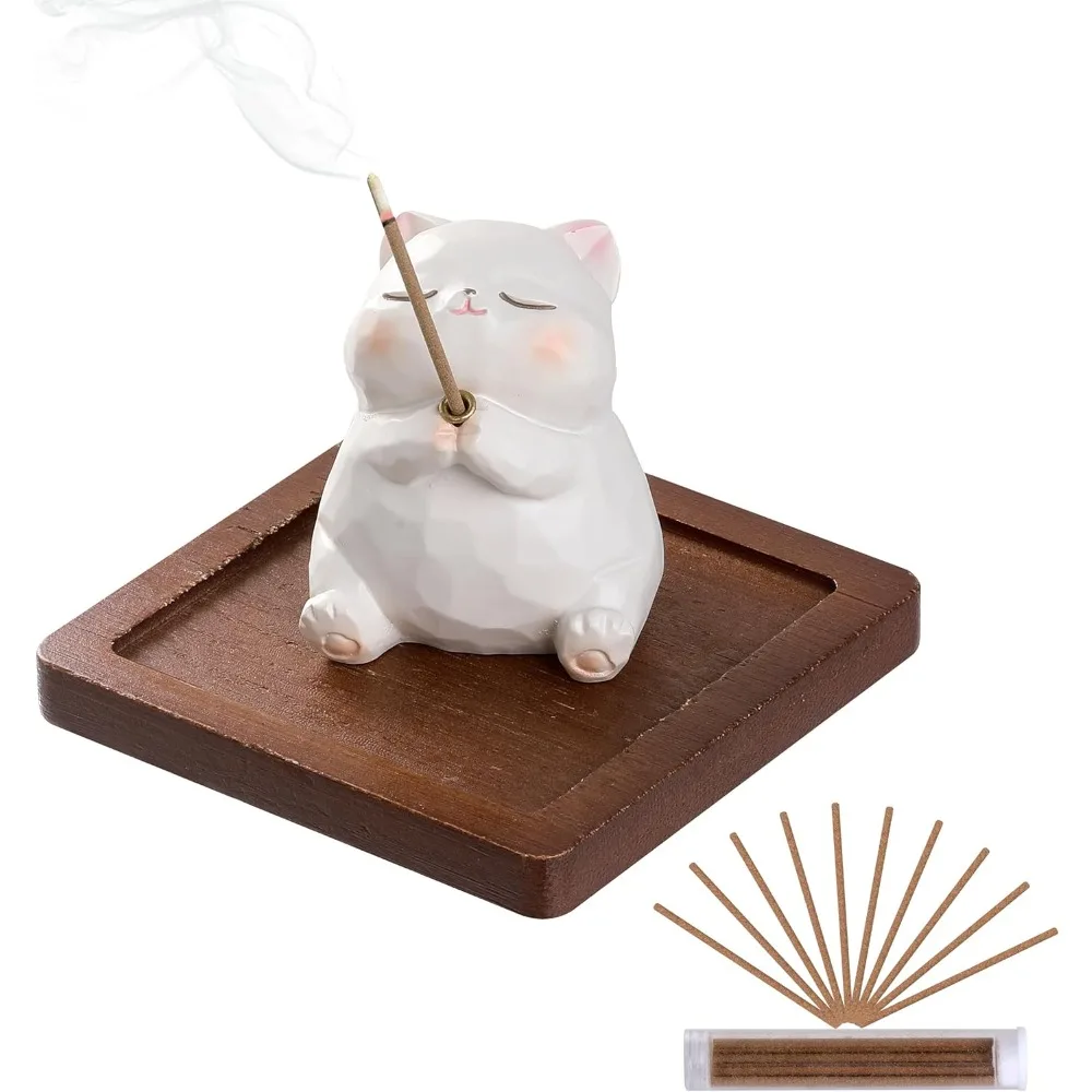 حامل بخور للعصي مع الموقد وصائد الرماد - قطة راتينج، صينية خشبية، 10 أعواد بخور للتأمل واليوجا والمنتجعات الصحية اللطيفة
