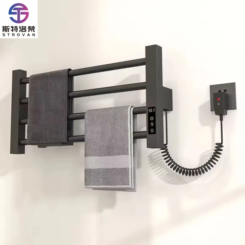 

Smart Electric Double Towel Rack Black Stainless Steel with Heater for Home Hotel or Apartment Bathroom Accessories