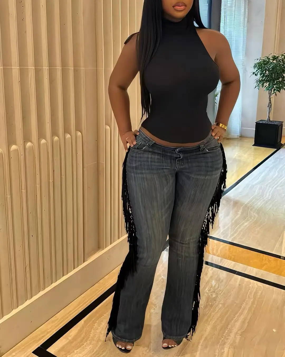 Jean droit en Denim pour femmes, fermeture éclair, taille haute, pantalon délavé, pompon épissé, ample, décontracté, longueur cheville