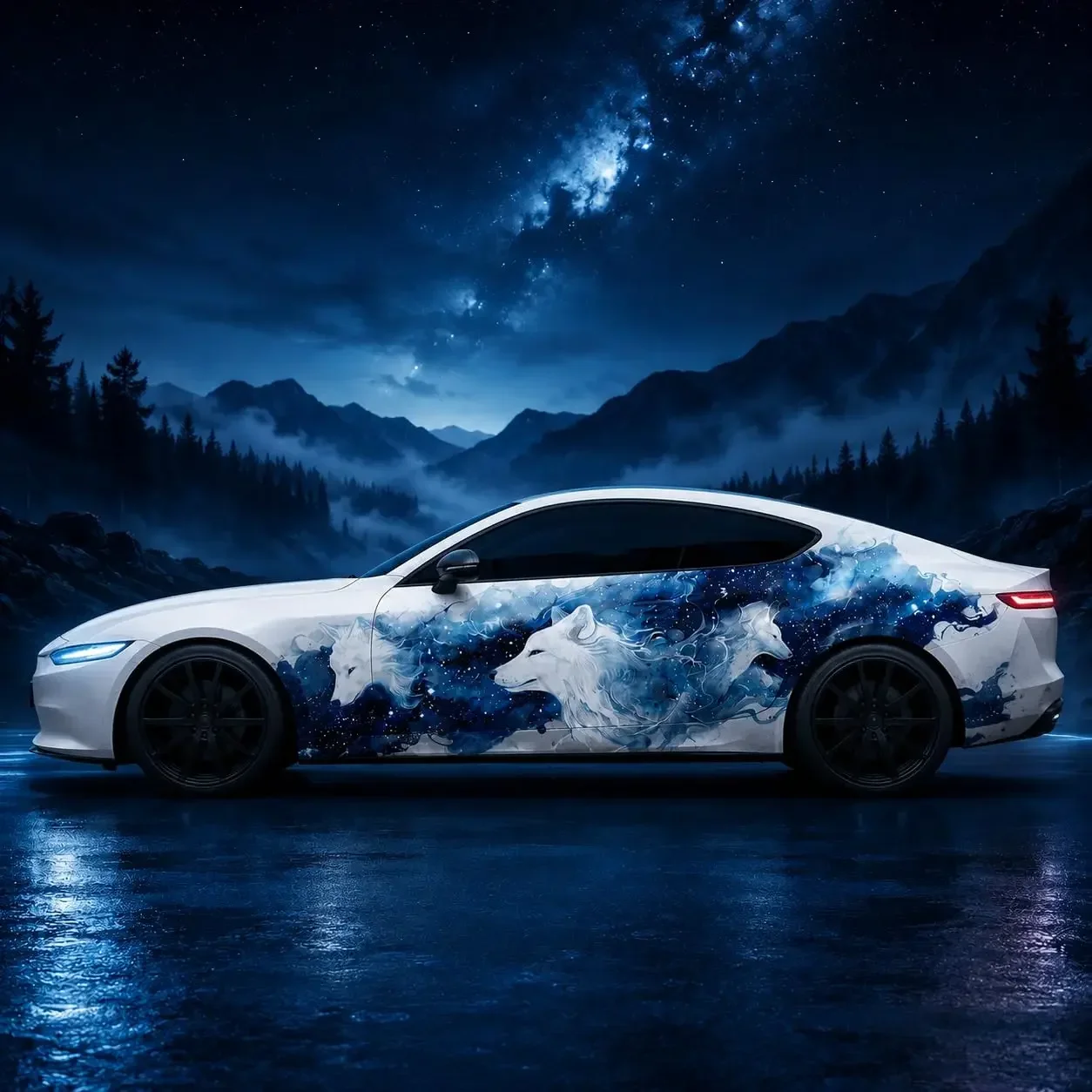 2pcs Galaxy Wolf Car Side Vinyl Wrap Decal, Blue Watercolor Art