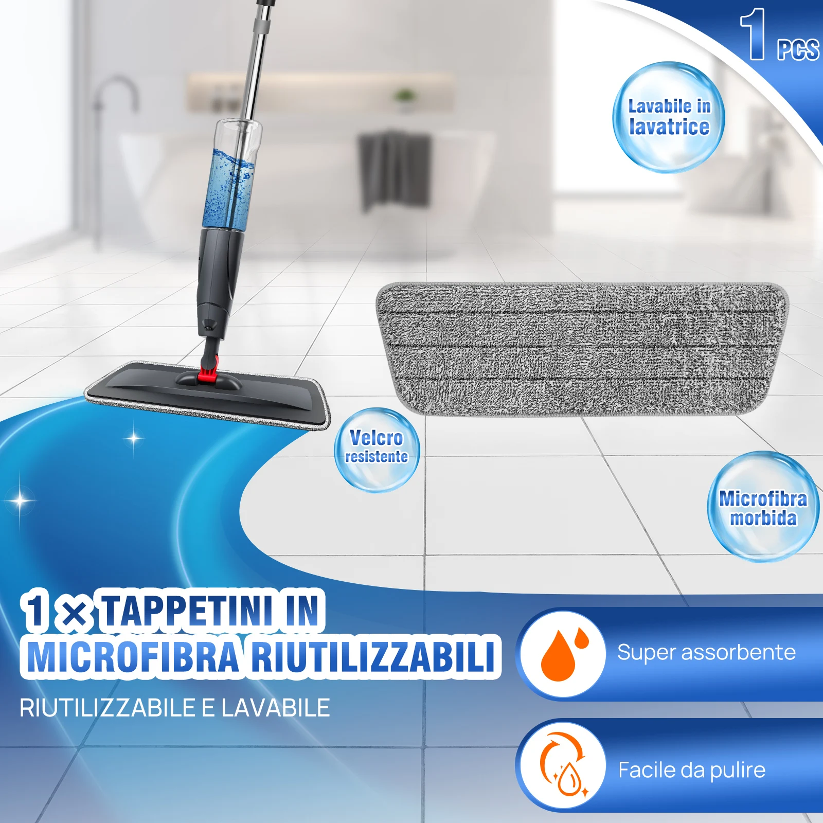 Mop Spray per Pulizia Pavimenti, Serbatoio Ricaricabile da 700ml, Mop Piatto in Microfibra con Rotazione a 360° ° Testa Girevole – Utilizzo su superfici asciutte o bagnate su legno massello,