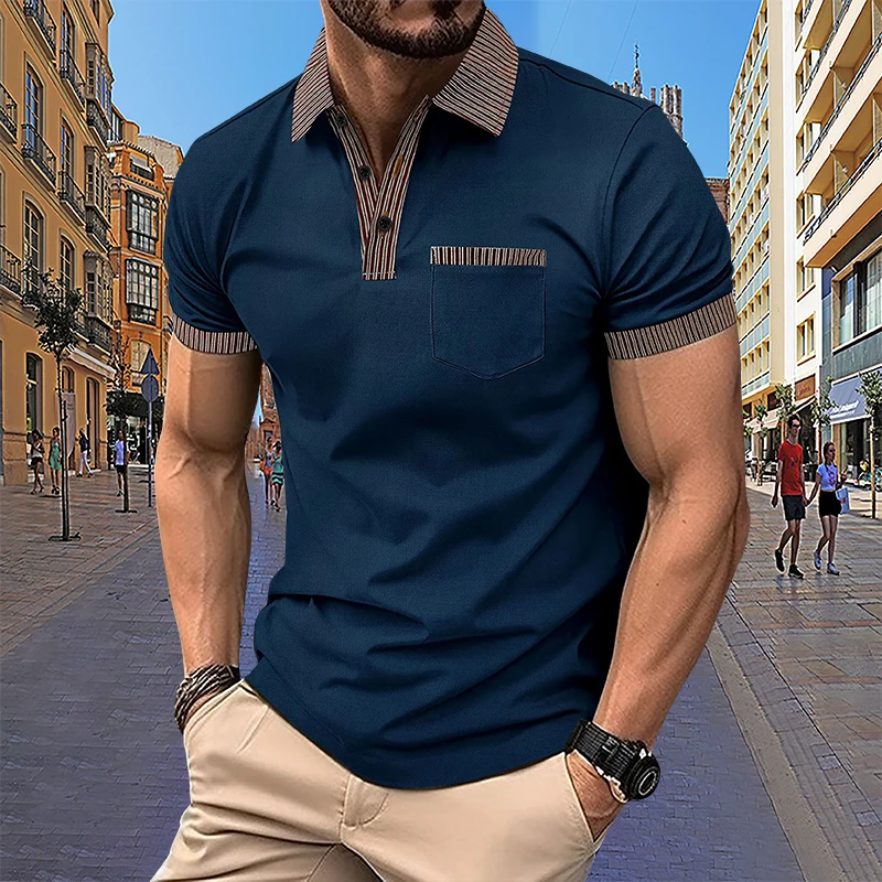 2024 Summer Men\'s short sleeved polo shirt Solid striped collar pocket mens clothing cheap clothes Men\'s polo shirts