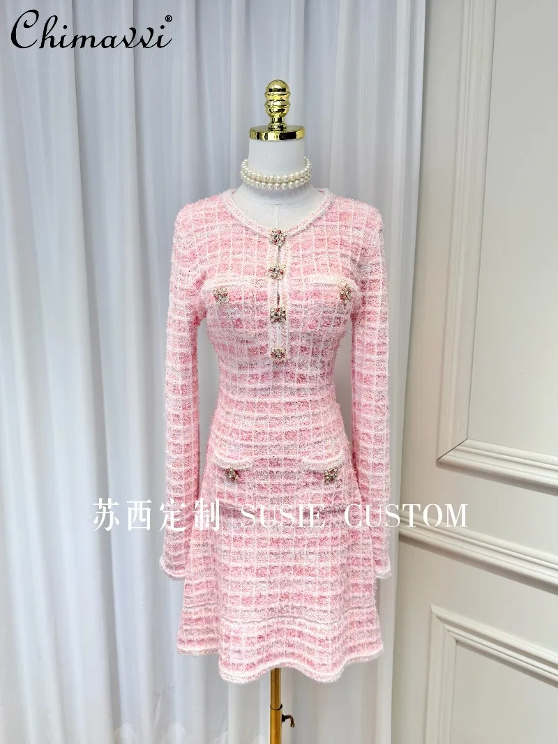 

Высококачественное французское тяжелое цветное клетчатое вязаное платье с круглым вырезом и длинными рукавами, модное элегантное платье-свитер с круглым вырезом