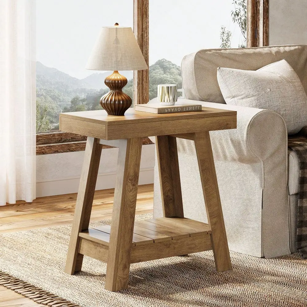 

2Tier Wooden End Table, Farmhouse Style, Rustic Grey, Small Sofa Side Table With Storage, Slim Nightstand For Living Room, Bedr