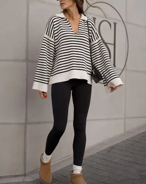 

Autumn and Winter Women's Elegant Casual Lapel Striped Embroidered Jacquard Loose Long Sleeved Knitted Sweater