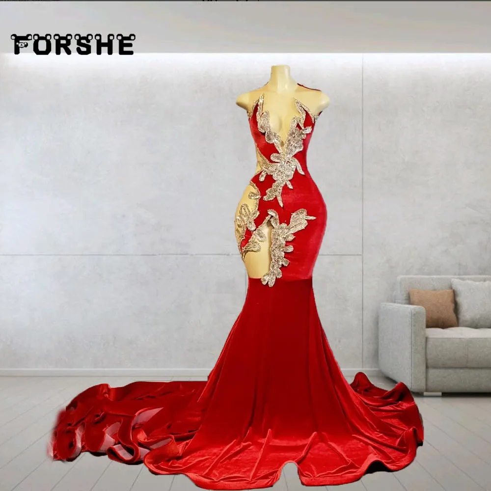 

Customized Shinny Red Prom Dresses Long Velvet Beads Party Gowns Sheer Neck Mermaid Evening Dress Vestidos De Graduación